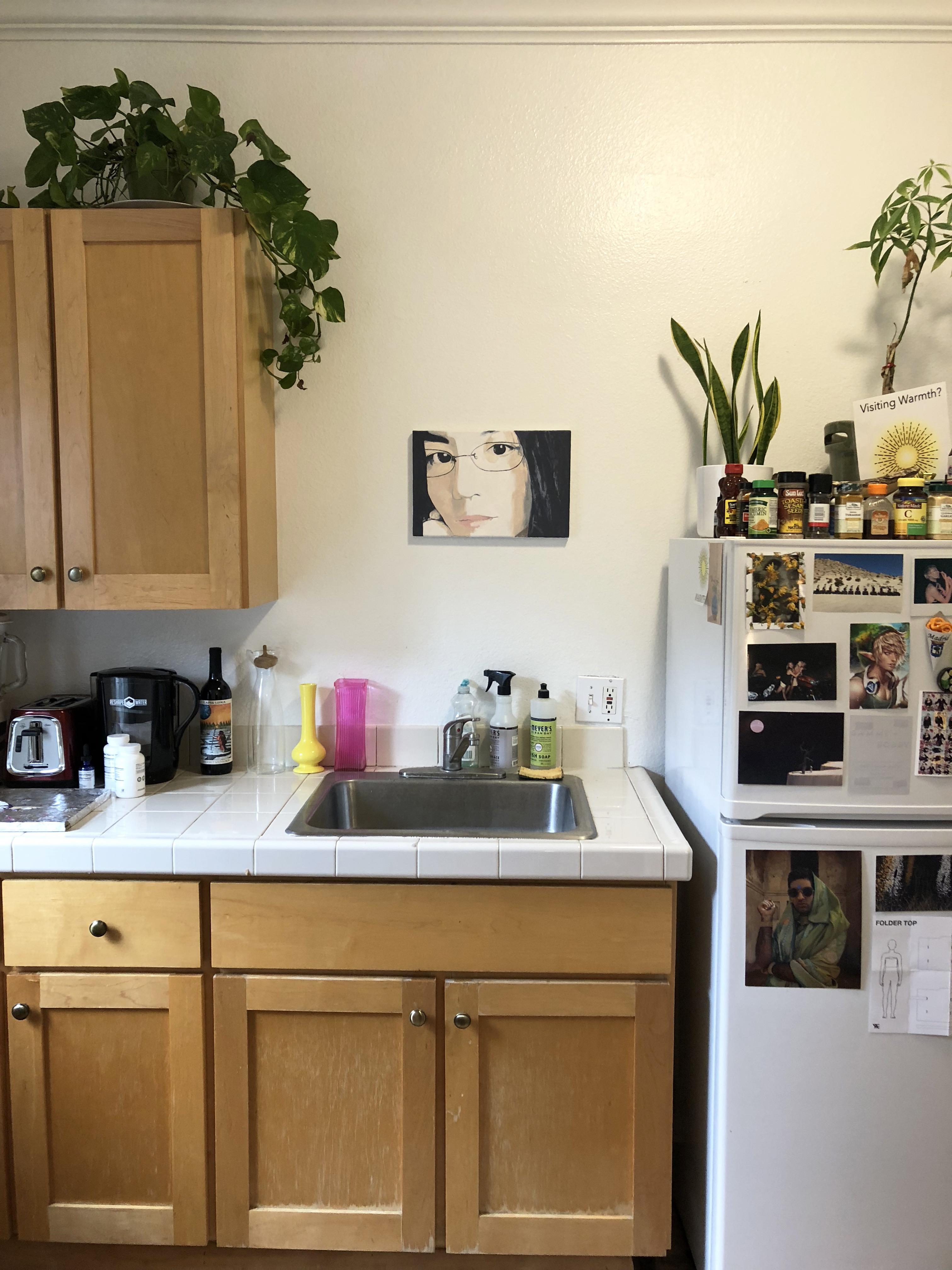 A small painting of Maye Wong above a kitchen sink